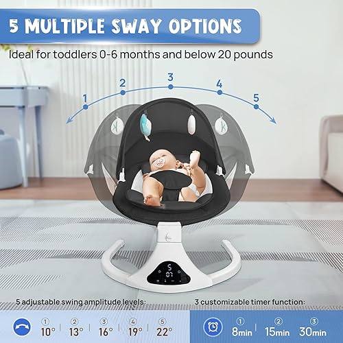 Miniatura 9 de Columpio de bebé para bebés, columpio eléctrico portátil para bebé, columpio infantil Bluetooth para recién nacido con 5 velocidades, control