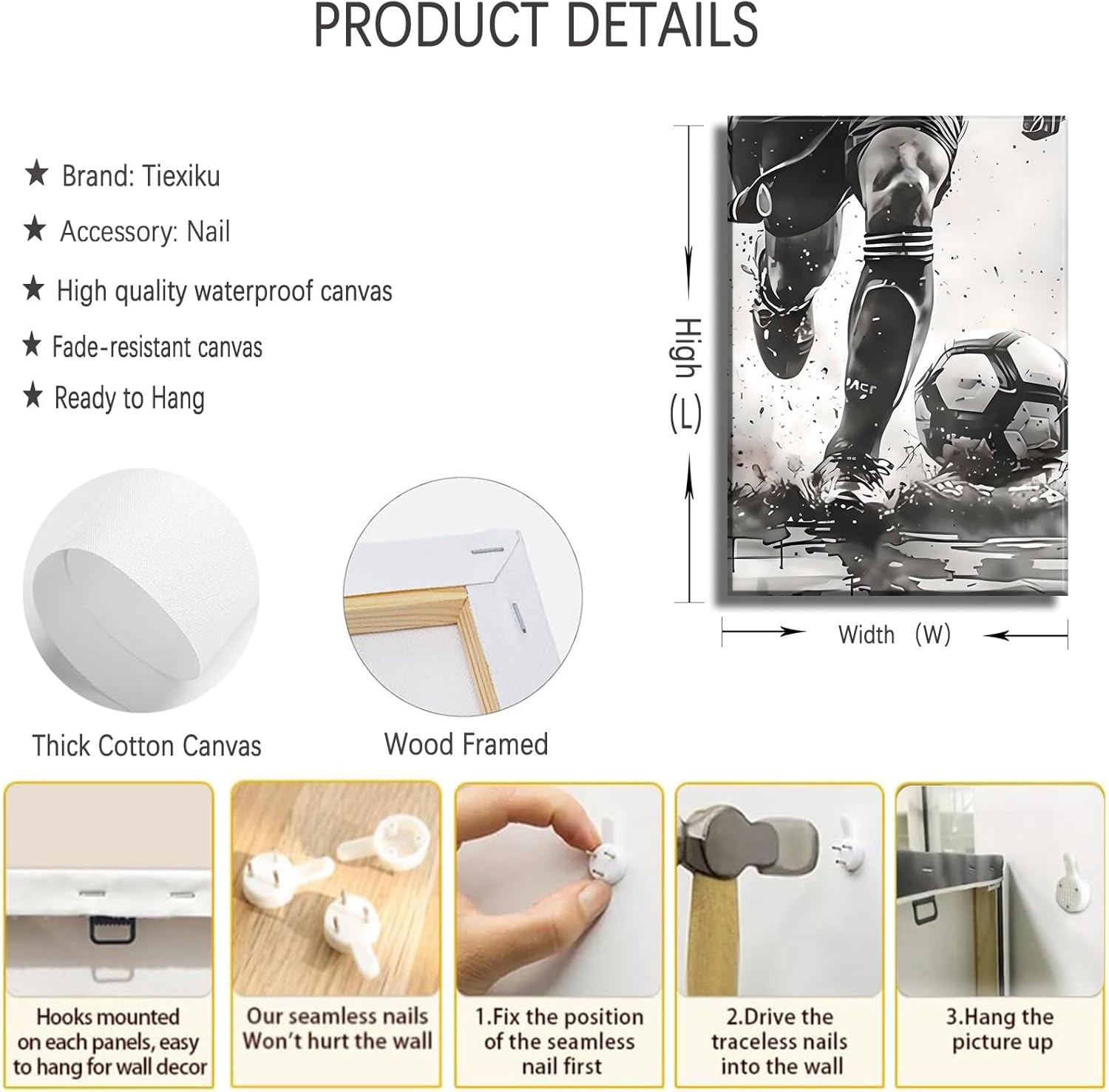 3Pcs Soccer Canvas Wall Art Black and White Football Decor pictures Modern Sports Theme Poster Prints for Stadium Boys Room Locker Room Living Game Room Home Decoration - Image 2