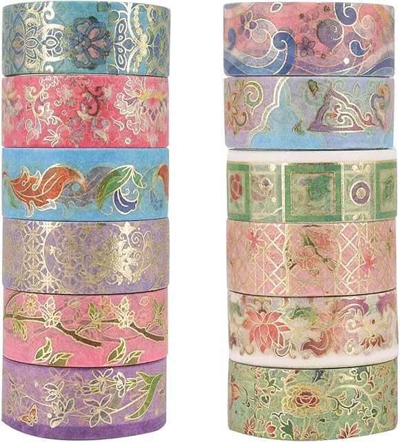 12 Rolls Washi Tape Set, Flower Washi Tape Decorative Masking Tape Pastel Scrapbook Tape Aesthetic Christmas Gold Foil Washi Tape Stickers for DIY, Bullet Journal, Arts Craft, Gift Wrapping Decoration