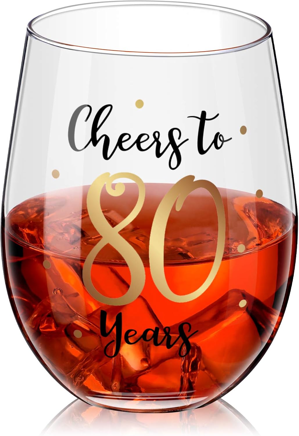 Gold Stemless Wine Glass, Birthday Party & Wedding Anniversary Present - 17 oz (Cheers to 80 Years)