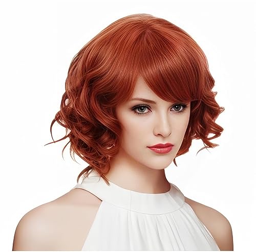 Gerulyss Peluca corta ondulada de color rojo cobre para mujer, pelucas rizadas con flequillo, peluca roja de zorro sintético natural para Halloween,