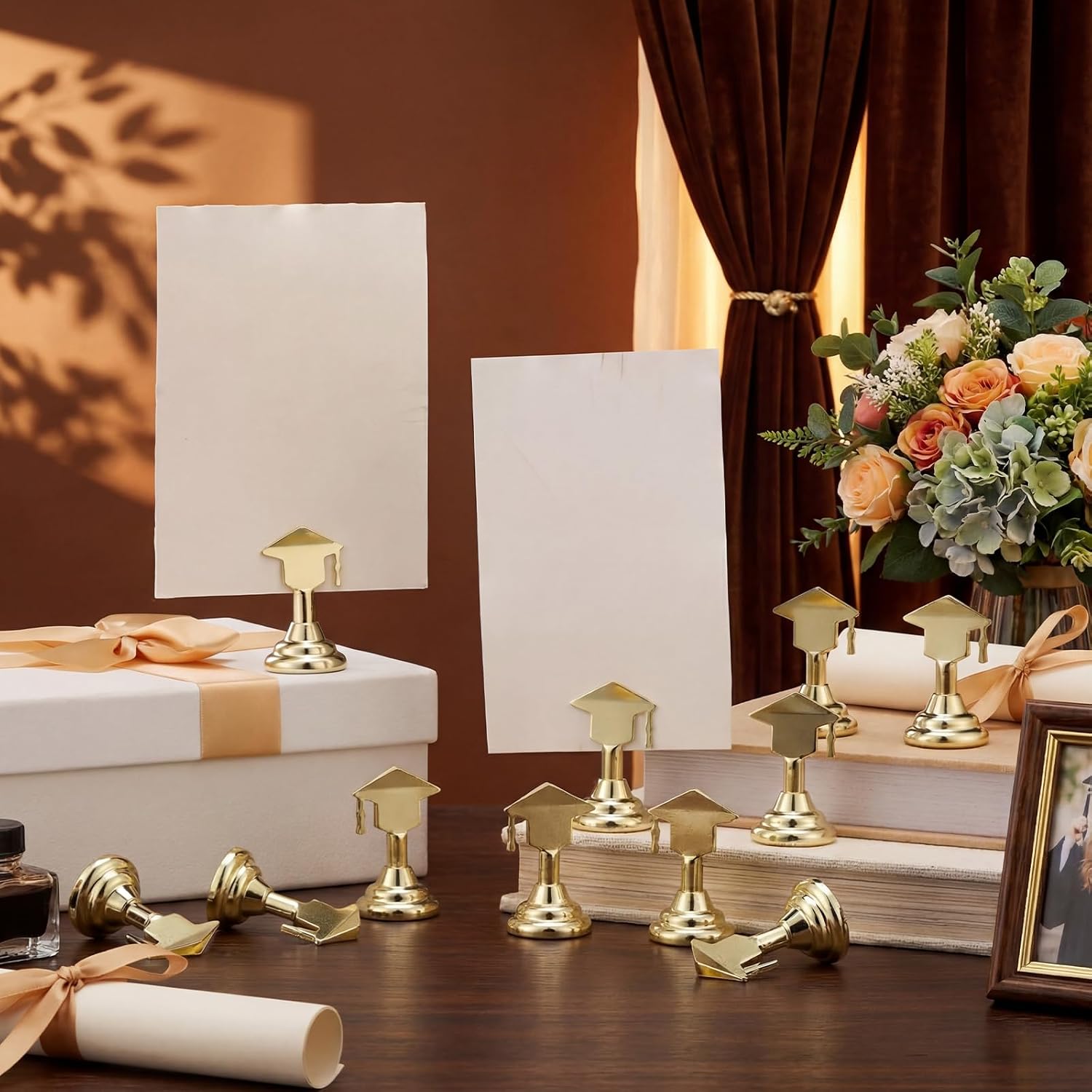 Resurhang 16 Pcs Grad Cap Graduation Picture Display Holders 1.7 Inches Gold Metal Photo Table Number Holders Card Stands Graduation Centerpieces for Tables Class of 2026 Grad Party Supplies image 5