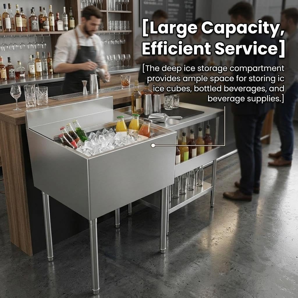 Commercial Ice Bucket, Freestanding Stainless Steel Ice Bin with Large Volume, 20H Cold Retention & Easy-Clean Surface, Anti-Slip Feet & Drainage Hole for Bar Catering Buffet and Drink Cooler