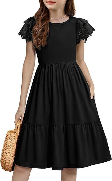 Arshiner Mädchen Kleider Spitze Kurzarm Sommerkleid A-Linie Rundhals Partykleid Kinder Festliches Kleid Casual Midikleid Mode Einfarbig Abendkleider mit Tasche 6-14 Jahre - 1