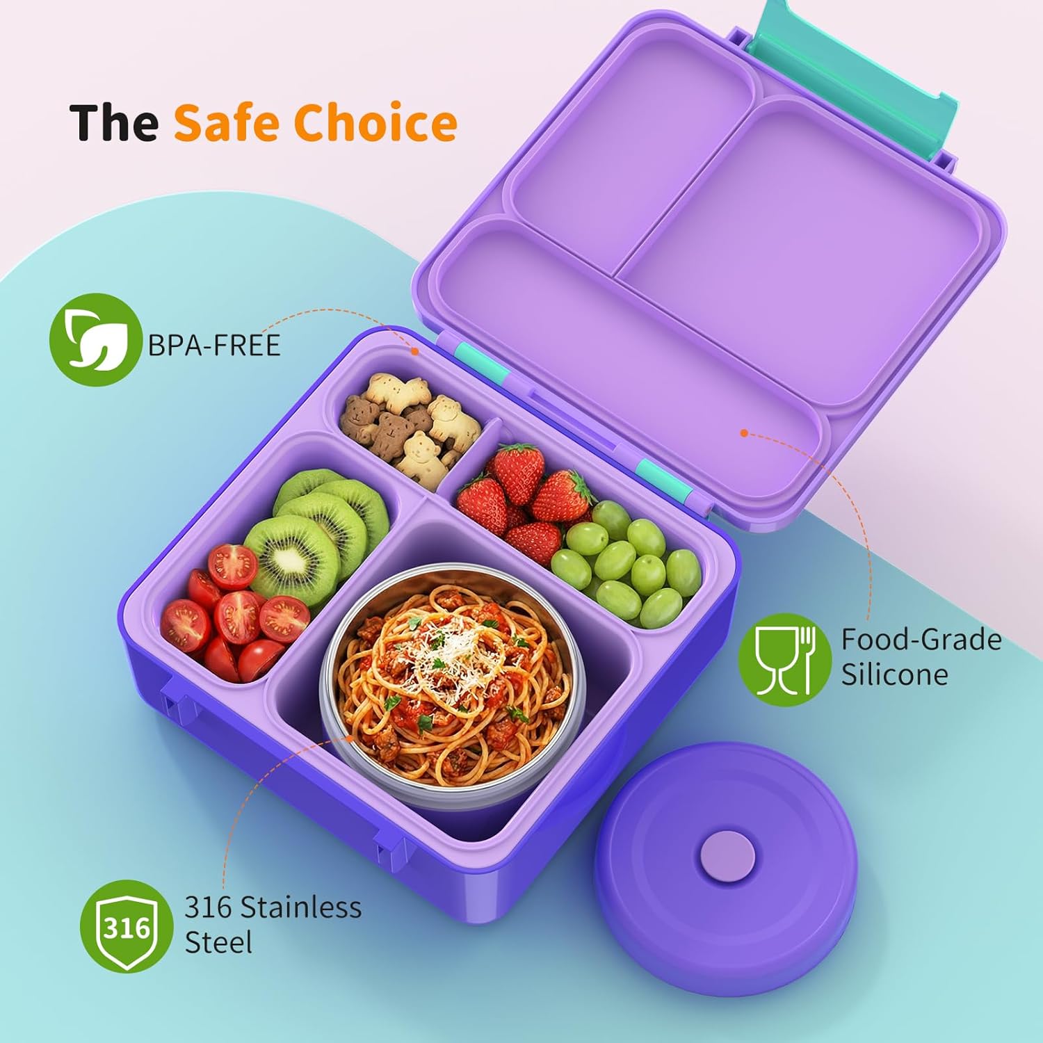 Bento Box for Kids, Lunch Box with Sticker and Leak-Proof Vacuum Food Jar, 4 Compartment BPA-Free Toddler Bento Box for School, Machine-Washable and Removable Compartments for Boy(Purple)