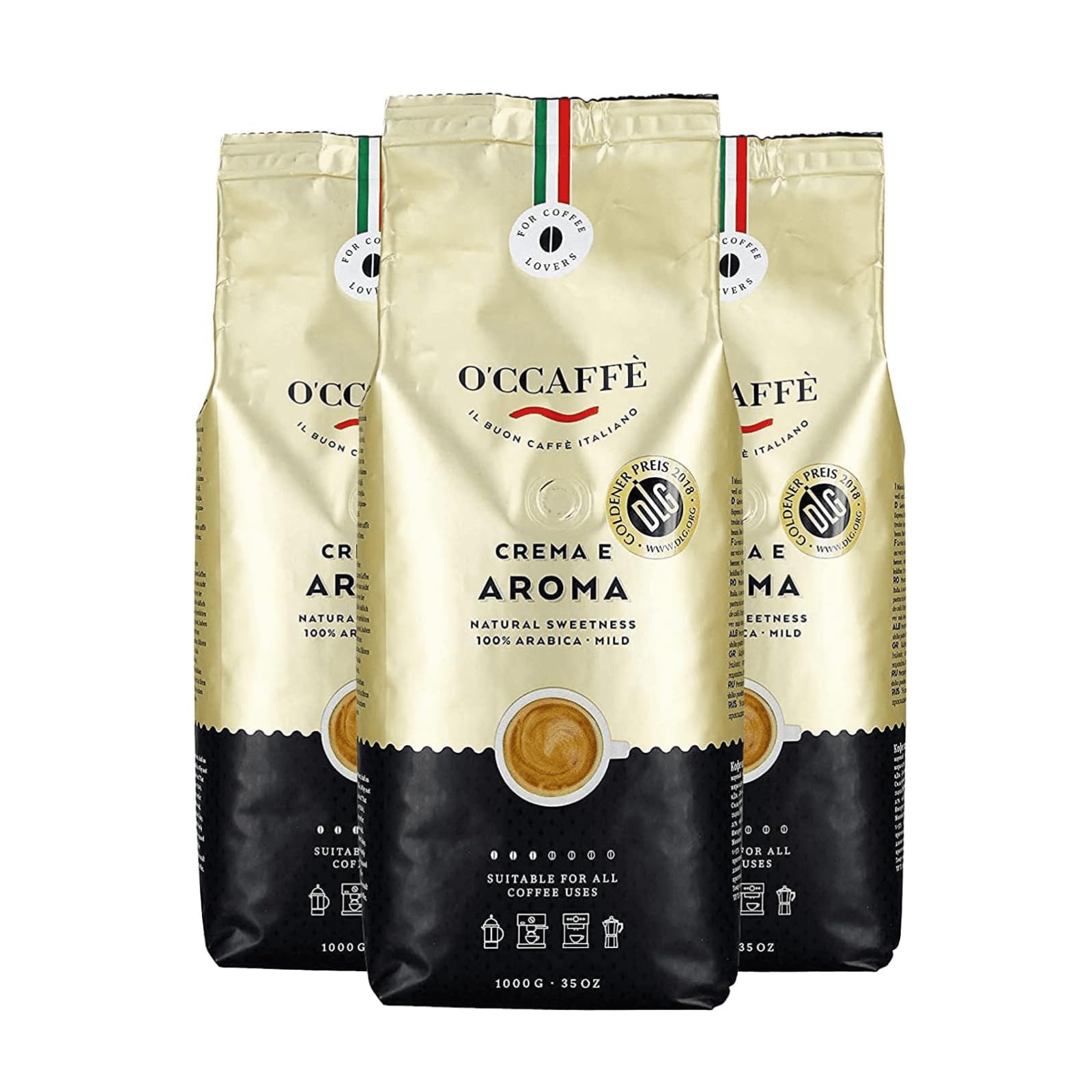 O'ccaffé 3 x 1 kg granos de café enteros; 100% café Arabica Crema y Aroma. Tueste natural en tambor de una empresa familiar italiana; café en grano, café.