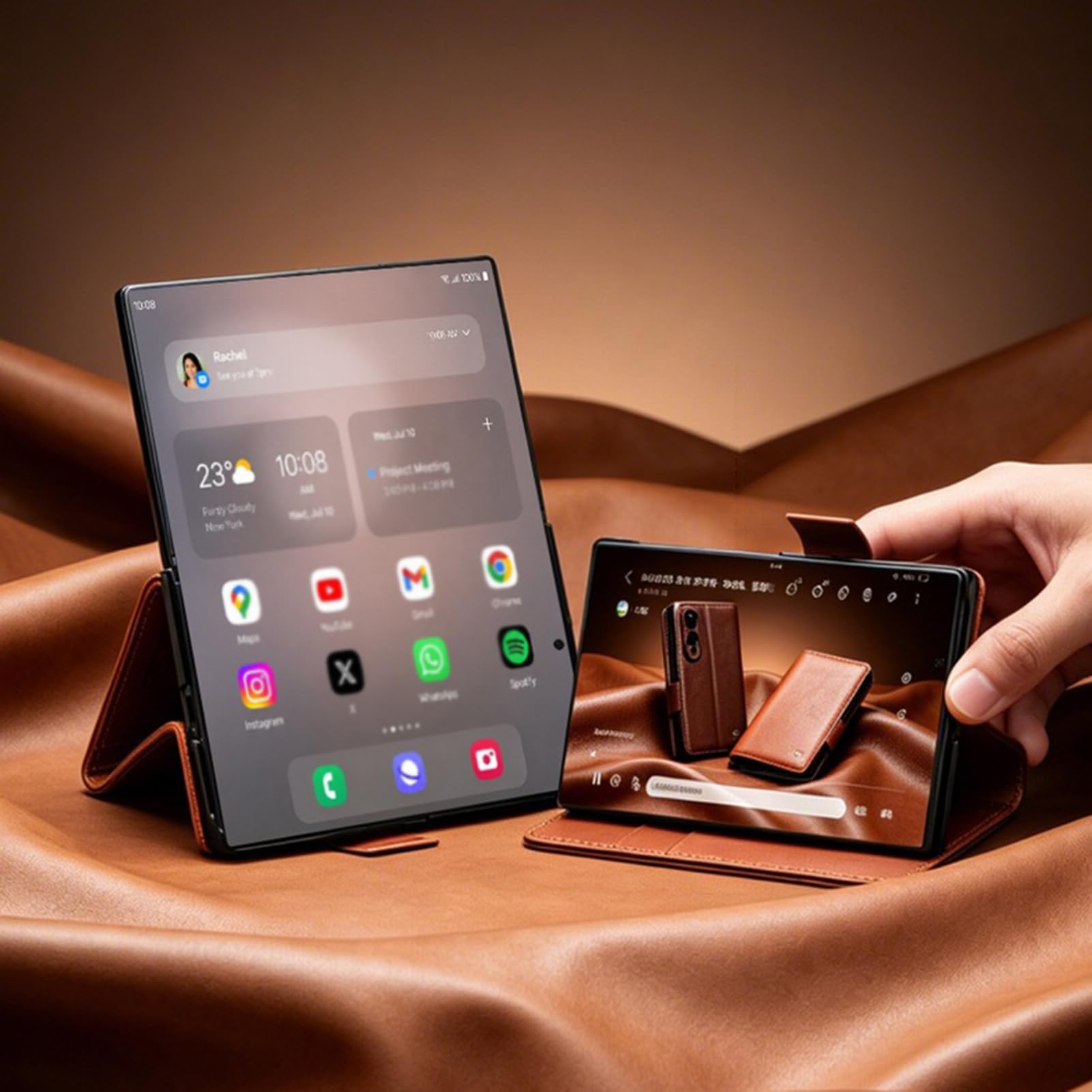 Custodia a portafoglio compatibile con Samsung Galaxy Z Fold 8, texture cera olio marrone