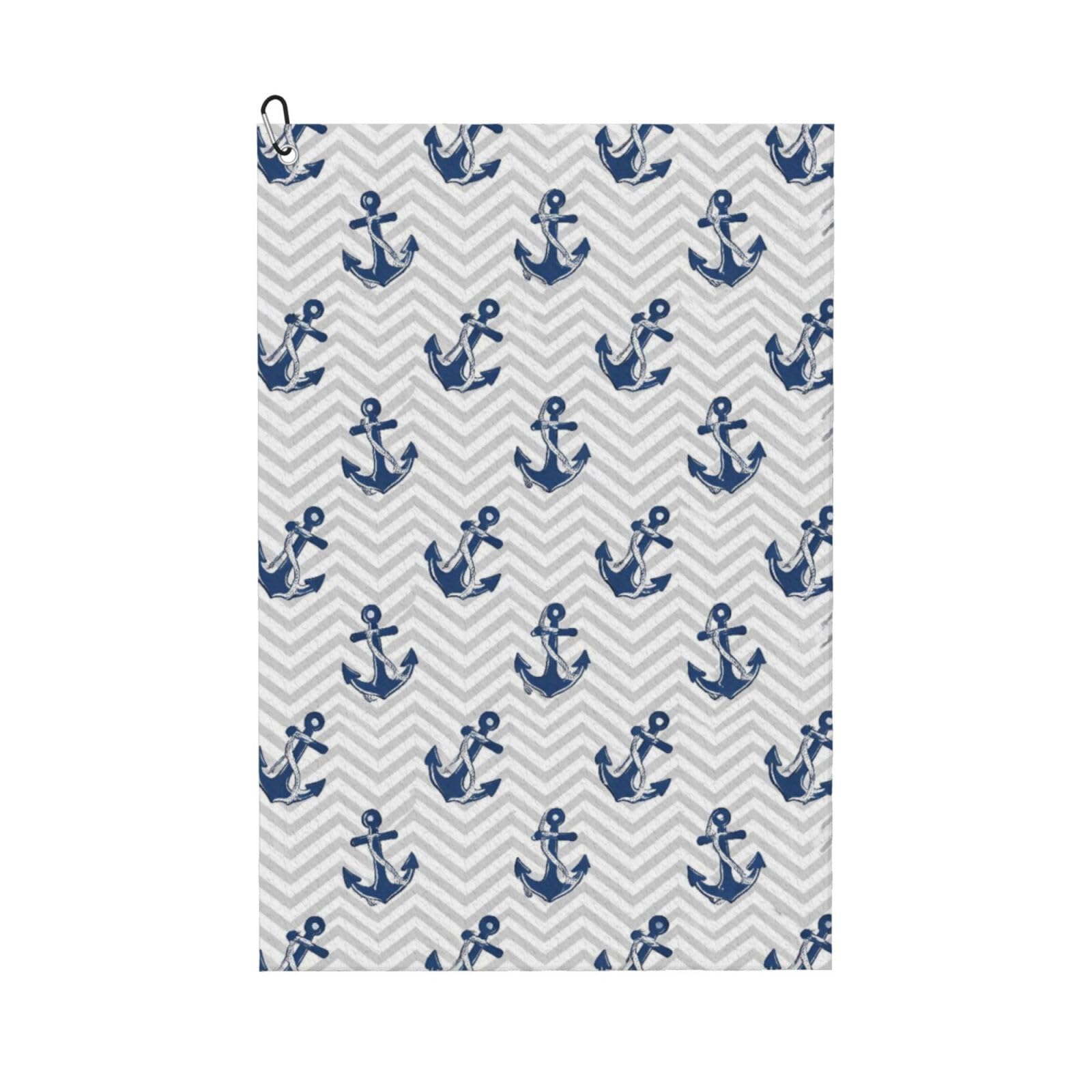 Navy Tie Chevron Waves Print Nautical Anchor Golf Towel 24 x 16 inches