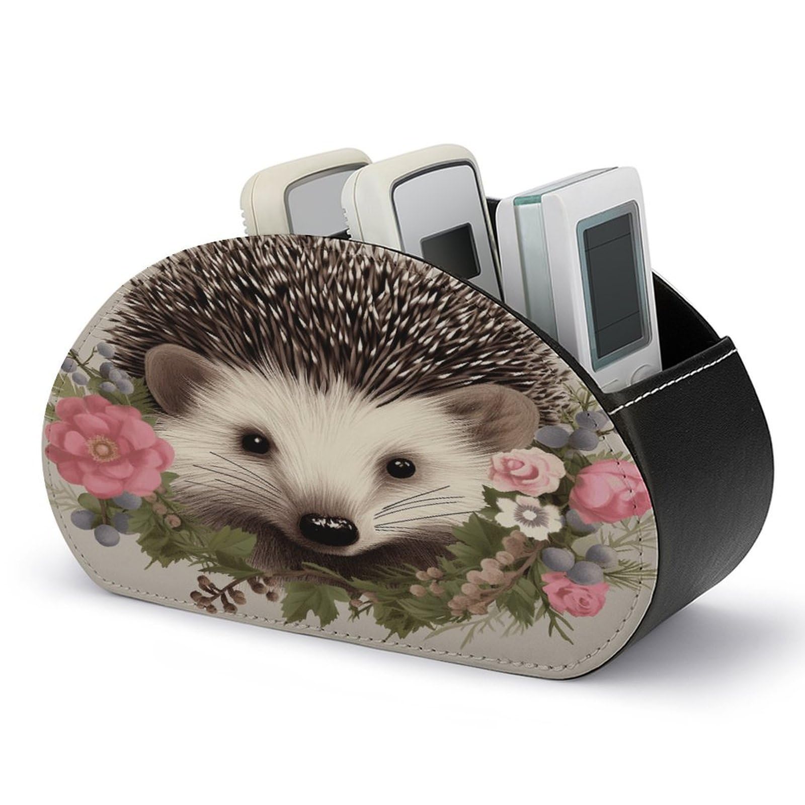 VstaDank Hedgehog in Floral Wreath Remote Control Holder with 5 Compartments PU Leather TV Remoter Caddy Desktop Organizer TV Remote Holder Remote Box for Media Controllers Office Supplies