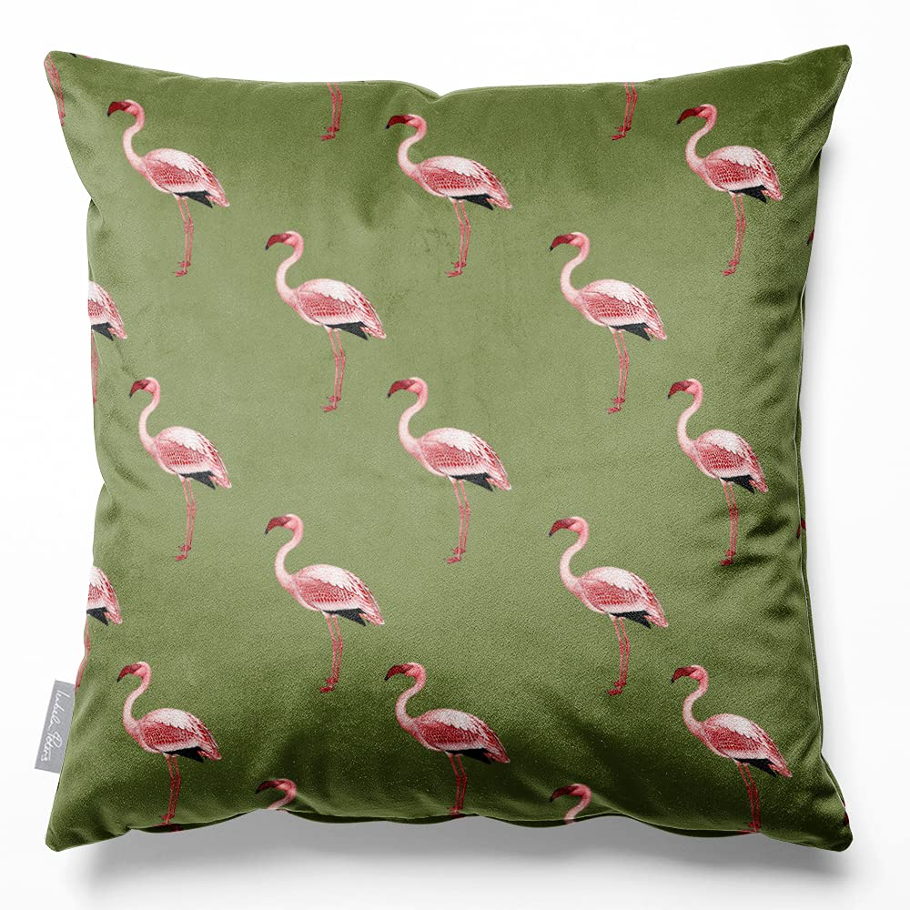 Izabela Peters Flamingos - Sage Cushions With Covers Included, Filled Cushion, Eco-Friendly Velvet Cushions, 40 Cm, Chair Cushions, Sofa Cushions, Seat Cushions, Large Cushions