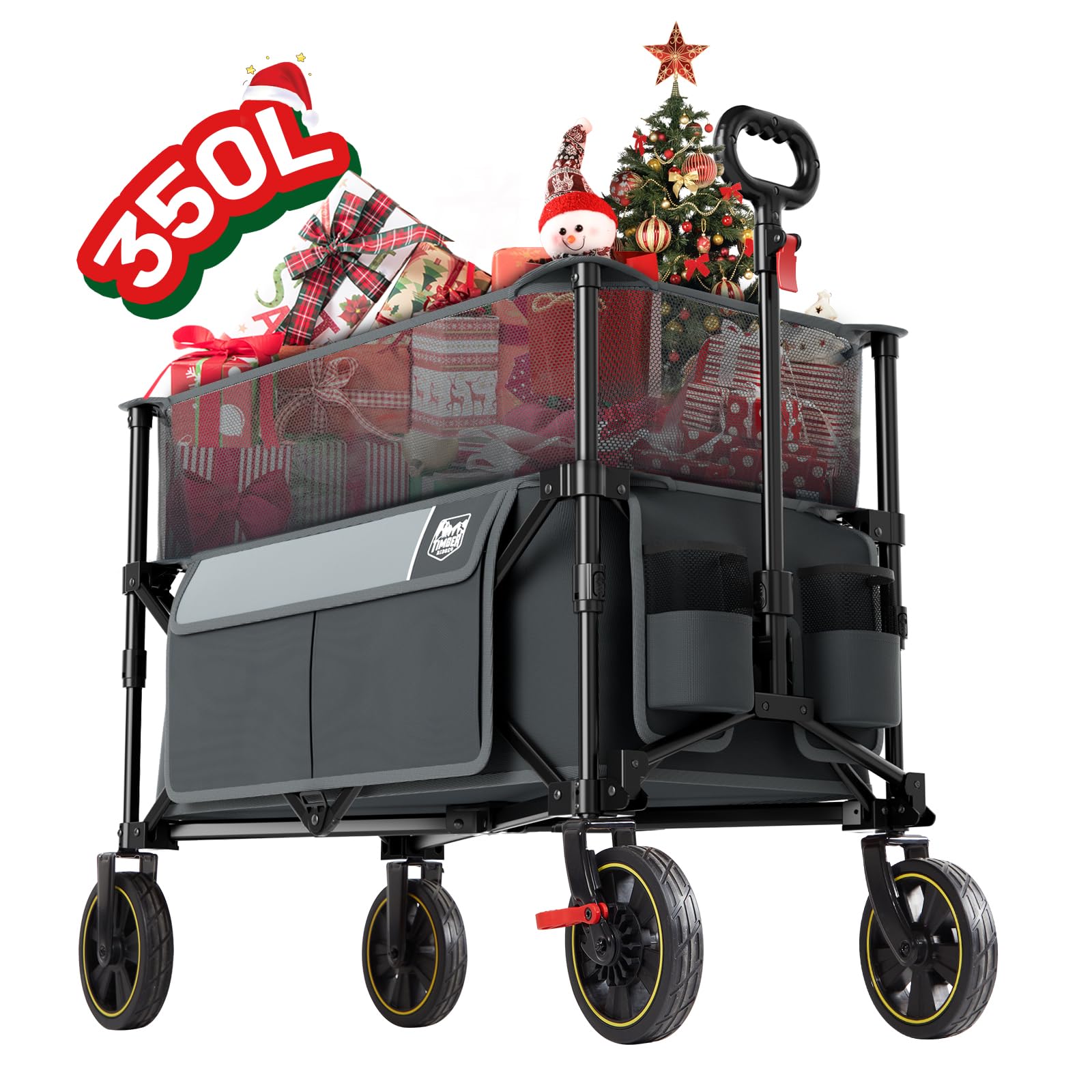 timber ridge 350l extra large collapsible folding wagon carts with brake, heavy duty outdoor camping utility wagons with extended height, adjustable handle, cup holders, side bag (gray)
