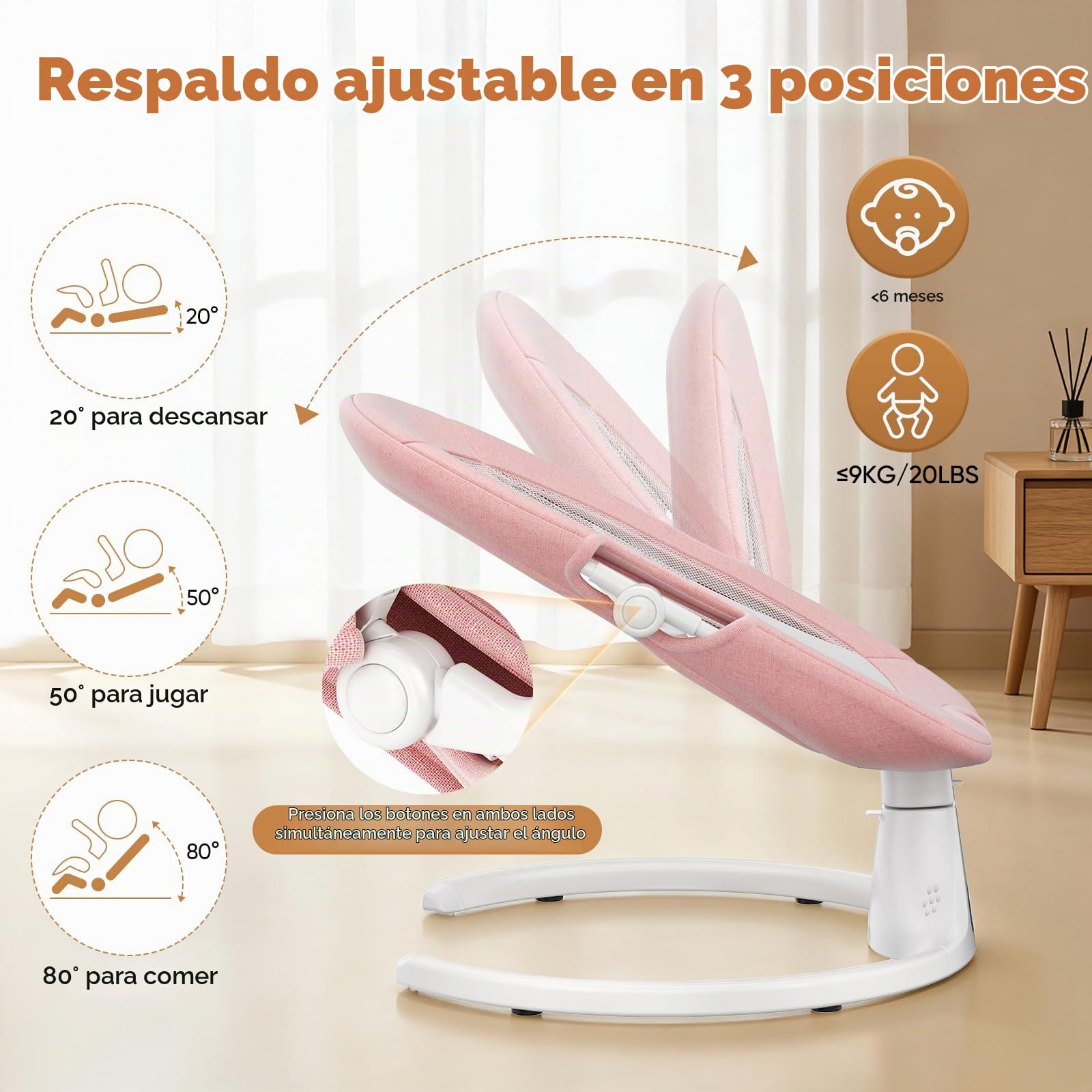 Respaldo Ajustable Hamaca para Bebé, Eléctrica Silla Mecedora de Bebé con Cojín Desmontable y Mesa Auxiliar Desmontable, Control Remoto Hamaca Bebe 5Velocidades de Columpio y 12 Melodias (Rosa)