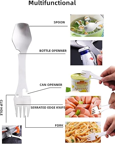 Miniatura 3 de Paquete de 2 cucharas de tenedor multifunción de acero inoxidable 5 en 1, tenedor y cuchillo, abrelatas y utensilios de campamento para picnic,