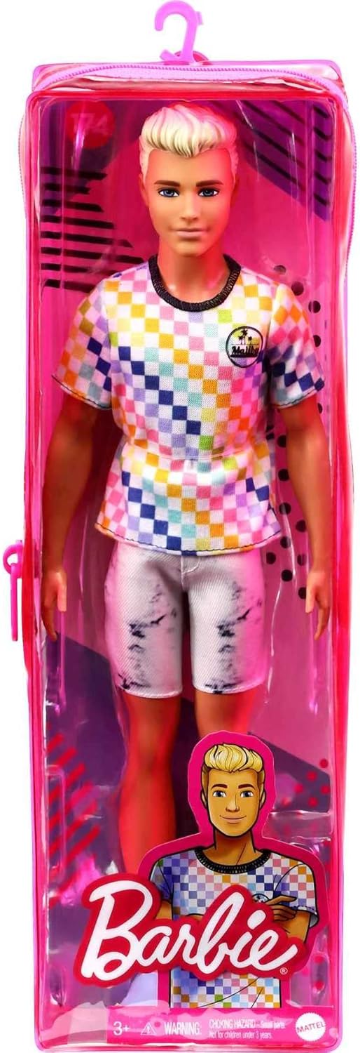 Barbie Fashionistas Ken Doll #174 with Sculpted Blonde Hair Wearing Surf-Inspired Checkered Shirt, Denim Shorts & Deck Shoes