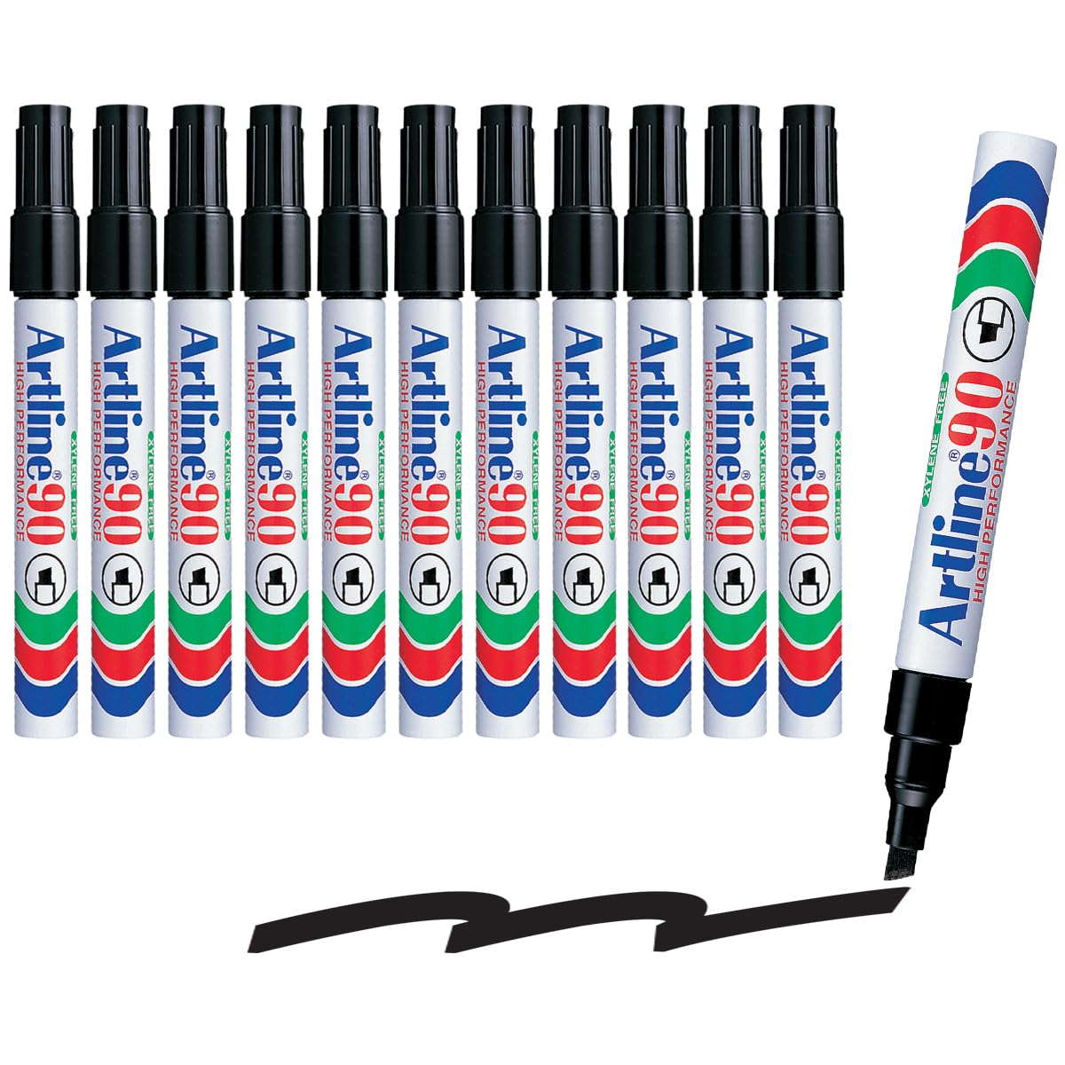 Artline 90 Permanent Markers | Durable Aluminum Barrel | Low Odor | AP Certified | Instant-Drying | Waterproof | Pack of 12 | 2.0-5.0mm Chisel Tip |