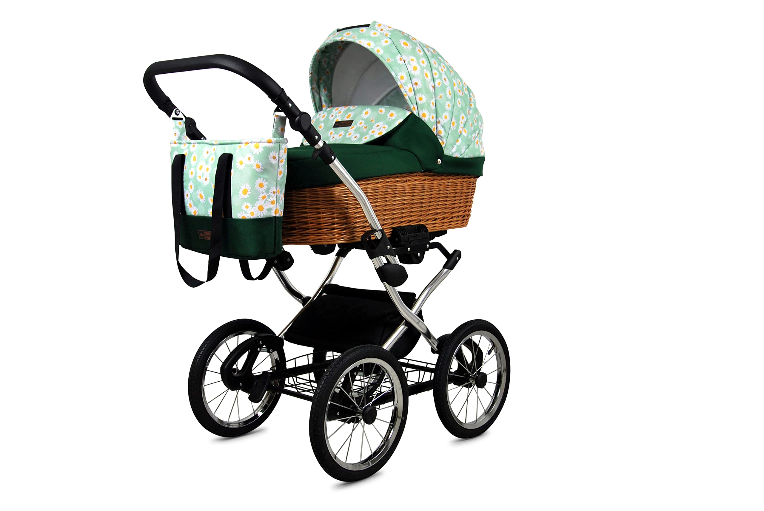 BabyLux Kinderwagen 3in1 mit Autositz für Kleinkinder – Kinderwagen für Neugeborene und Kleinkinder –– Baby Neugeborenen Kinderwagen – 59x105x125cm – Max 15kg – Green Daisy Silver Frame