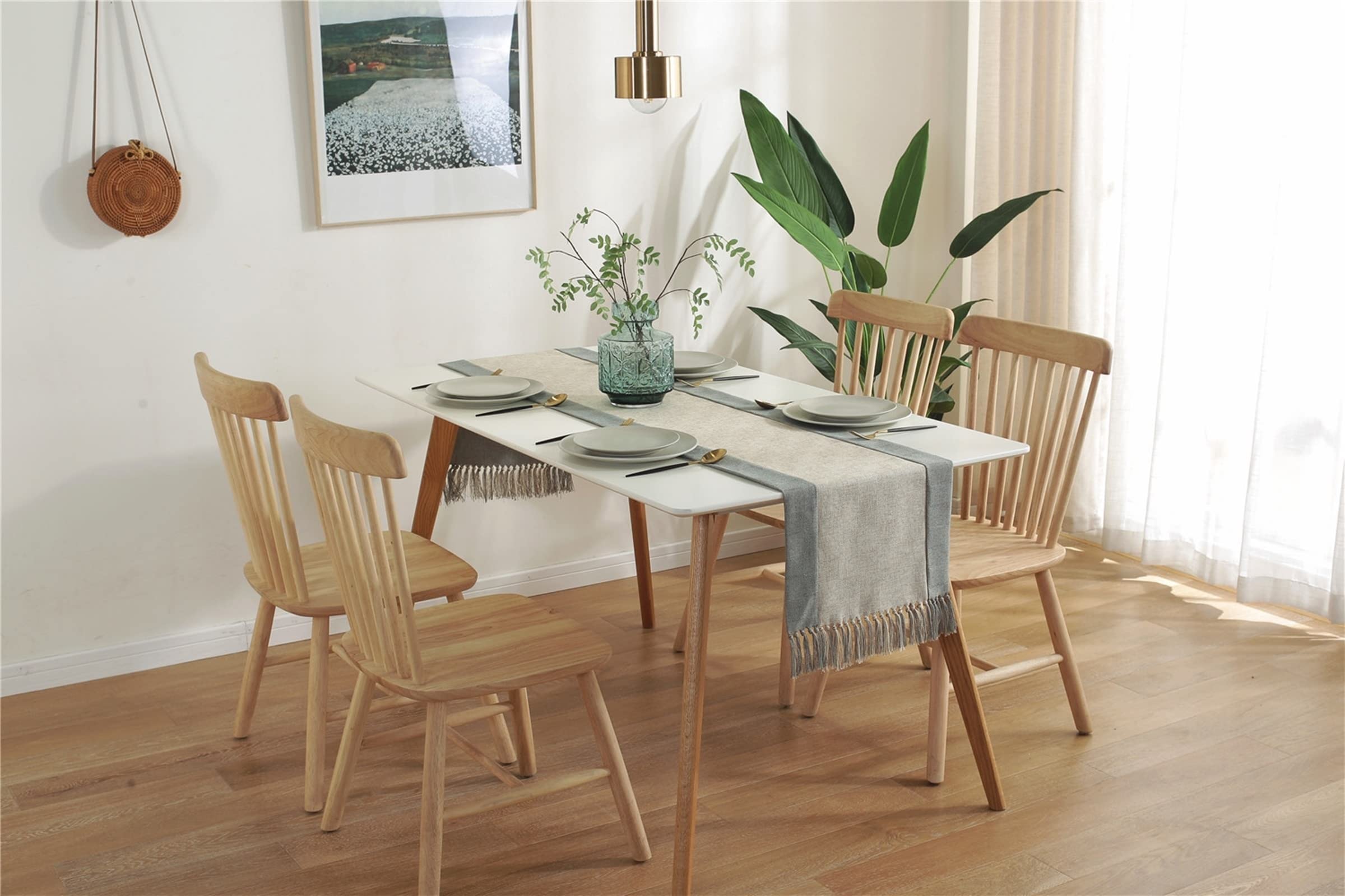 AmDxD Chemin de table de printemps, épissure avec pompon, taille : 38 x 240 cm, chemin de table en lin, fait à la main, facile d'entretien et anti-taches, pour mariage, décoration moderne, beige
