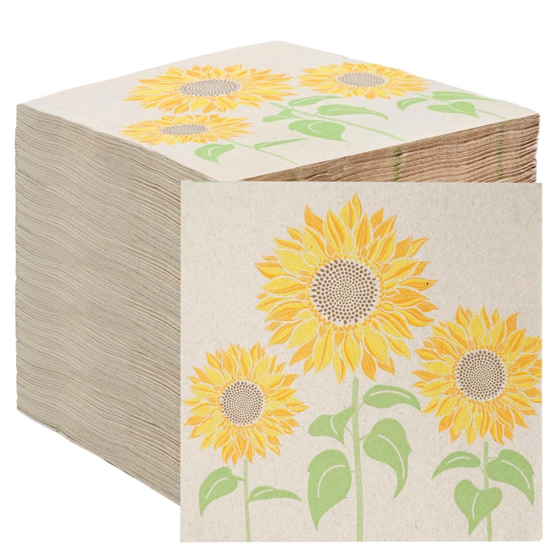 Table Kind 100 x Soft Recycled Paper Napkins, 2ply, 33cm, Sunflower Floral Napkins with Sunflowers, Disposable Party Serviettes for Weddings, Tea Parties, Kraft Unbleached, Home Compostable