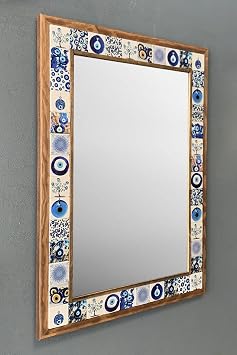 Oscar Stone Decor Masif Çerçeveli Mozaik Taş Ayna 53 Cm X 73 Cm Nazar Boncuklu Mavi Büyük Ayna Ayn5070-087