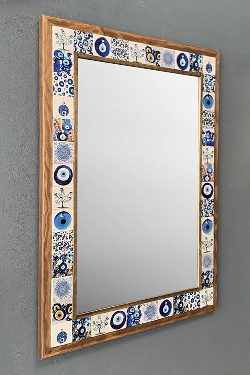 Oscar Stone Decor Masif Çerçeveli Mozaik Taş Ayna 53 Cm X 73 Cm Nazar Boncuklu Mavi Büyük Ayna Ayn5070-087