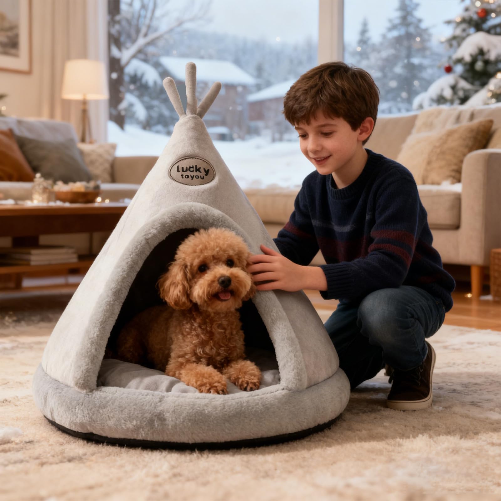 PETCUTE Cuccia per Gatti Semi-Chiusa,Super Morbido,Letto per Gatti con Giocattolo Sospeso e Cuscino Rimovibile Lavabile,Cuccia Gatto Chiusa Interno con Fondo Antiscivolo,XL