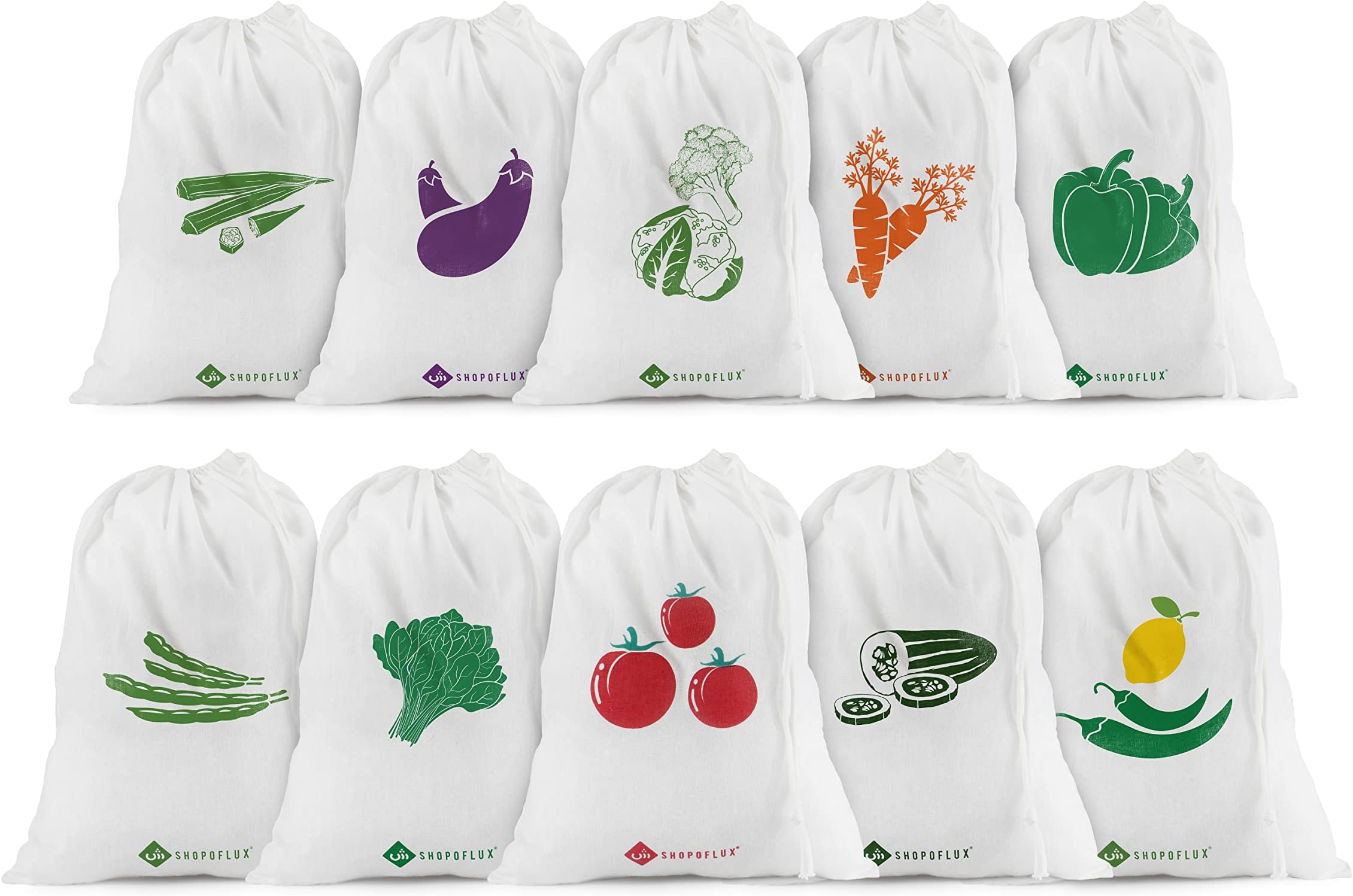 SHOPOFLUX Cotton Reusable Vegetable Storage Bag For Fridge Set Of 10 Bags Washable, Zip, 9 Inches, 12 Inch