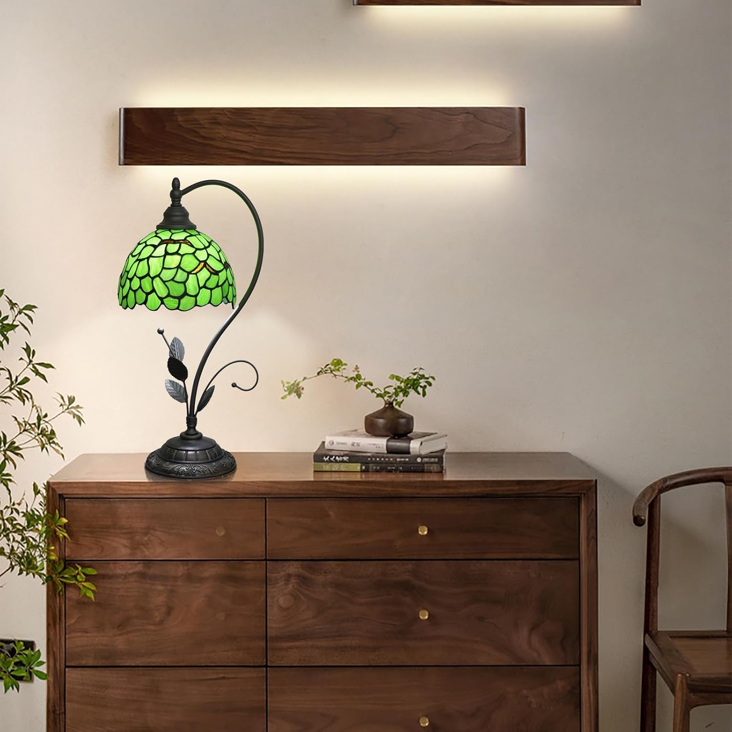 Tiffany Lamp Stained Glass lamp 8X10X20 Small Bedside Table Lamps for Living Room Bedroom Dorm Kitchen Home Decor Festival Birthday Gift,Green Leaf