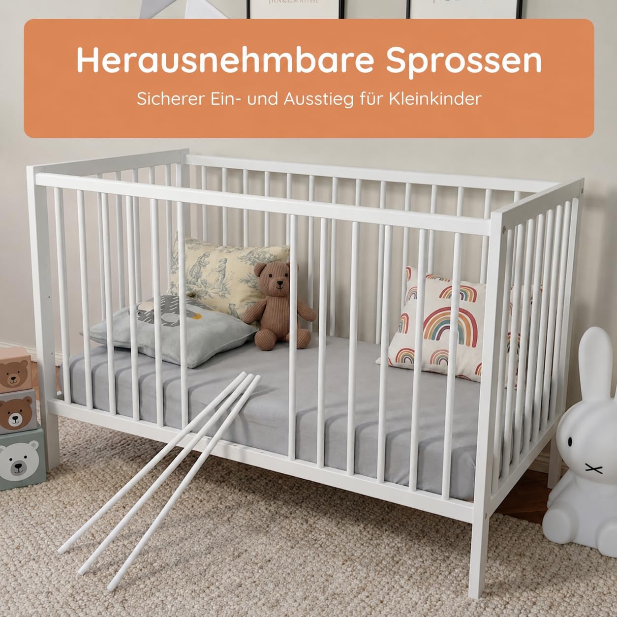 Kids Collective Babybett Kinderbett Beistellbett | Modulares Gitterbett Lattenrost 3-Fach höhenverstellbar & abnehmbare Sprossen | Baby Bett Holz Kinderzimmer | 120x60 cm | Weiß