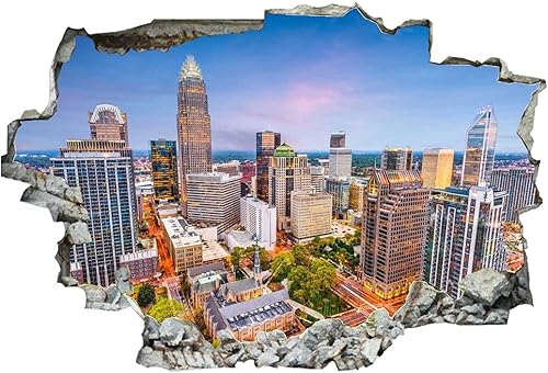 Miniatura 2 de Calcomanías de pared rotas 3D Charlotte, Carolina del Norte, Estados Unidos, paisaje urbano al anochecer 36 x 24 pulgadas, vinilo de pared