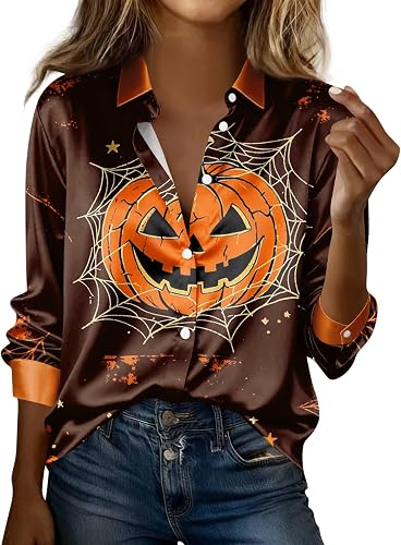 Womens Halloween Costume Women's Casual Graphic Button Up, F