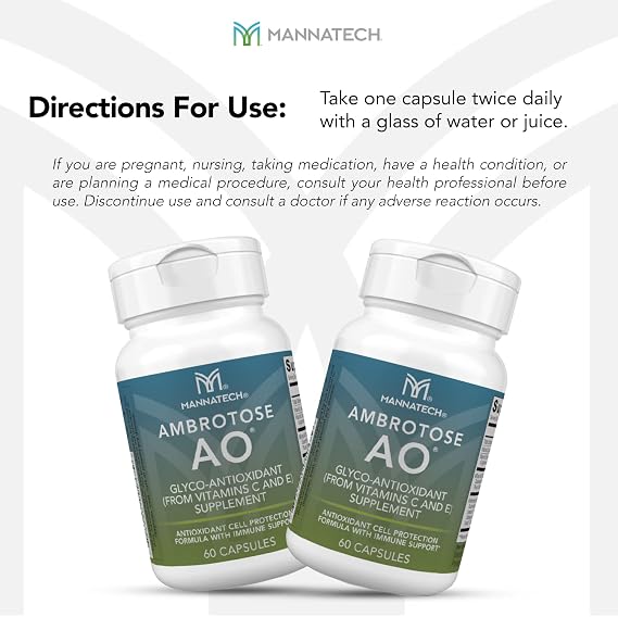 Mannatech Ambrotose AO 60 Capsules Loaded w/ Vitamin C and Vitamin E. Helps Body Against Free Radicals. Gluten-Free, Dairy-Free & Vegetarian-Friendly Immune Support Supplement