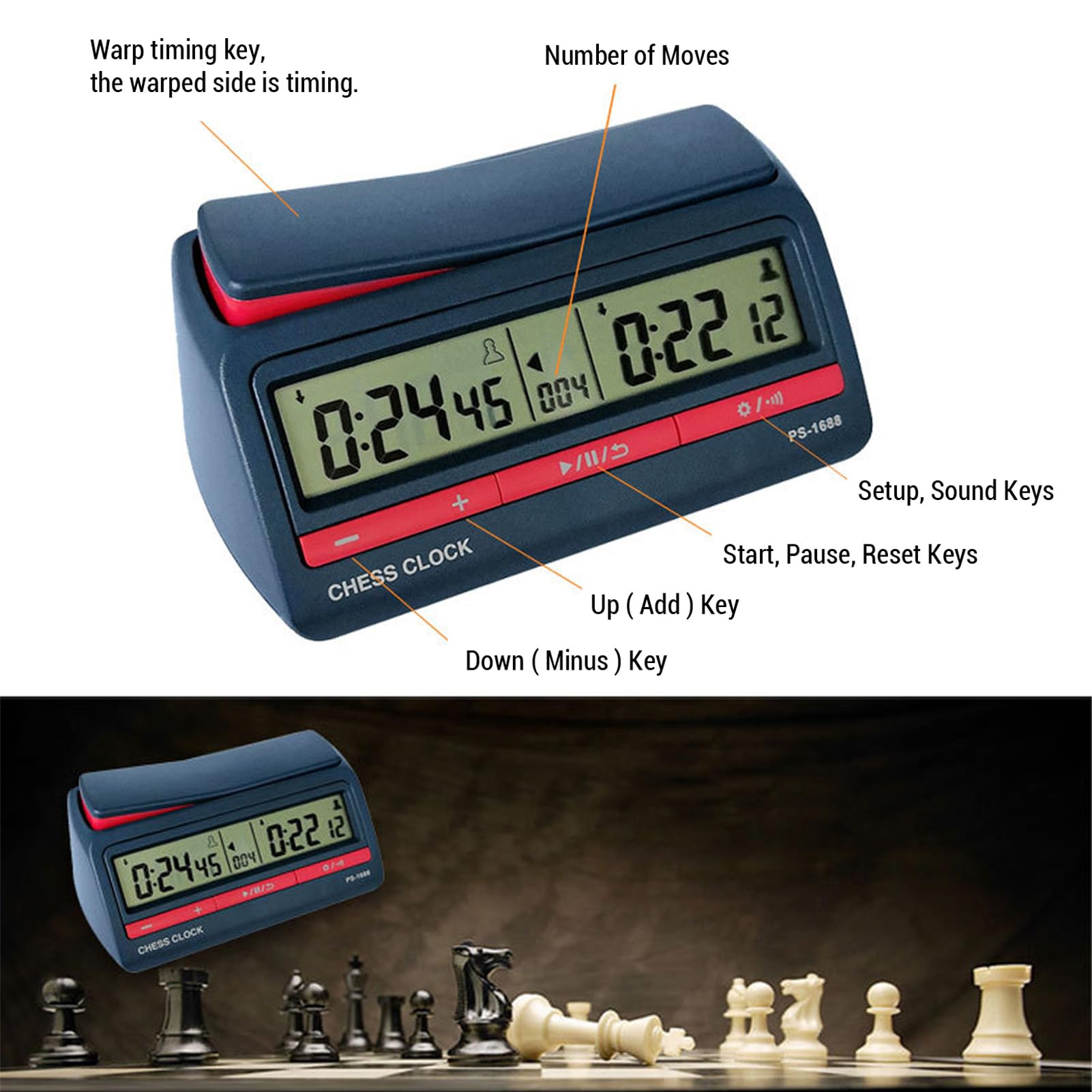 Jiawu Schachuhr, 8 Zeitregeln, 42 Anpassbare Optionen, Digitaler Schach-Timer, Tragbarer Spiel-Timer mit Speichererhaltung für Brettspiel-Turniere und den Heimgebrauch
