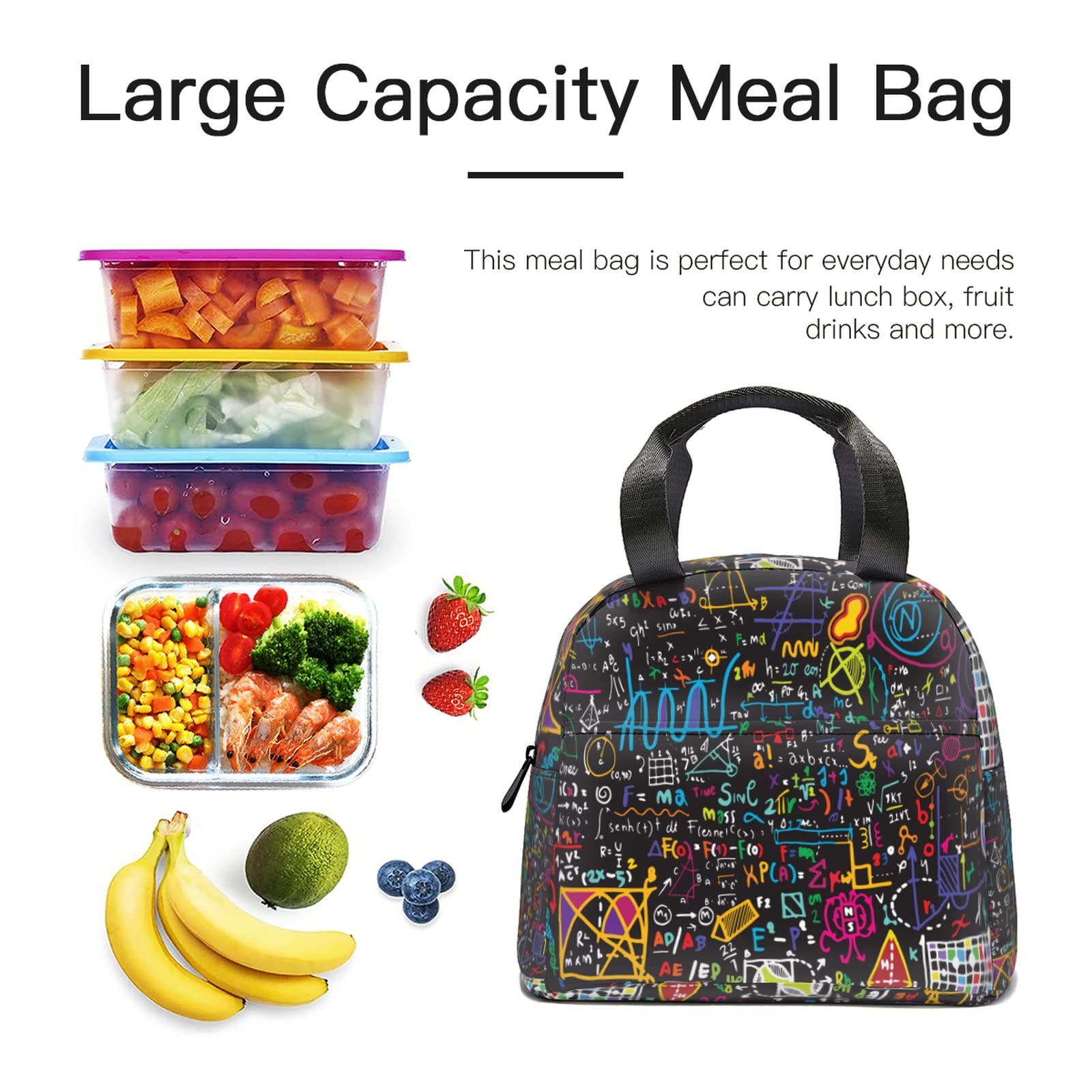 Borsa termica per il pranzo con formule scientifiche, isolata, per matematica, matematica, borsa termica per snack, organizer riutilizzabile, a tracolla, per donne e uomini, per ufficio, picnic