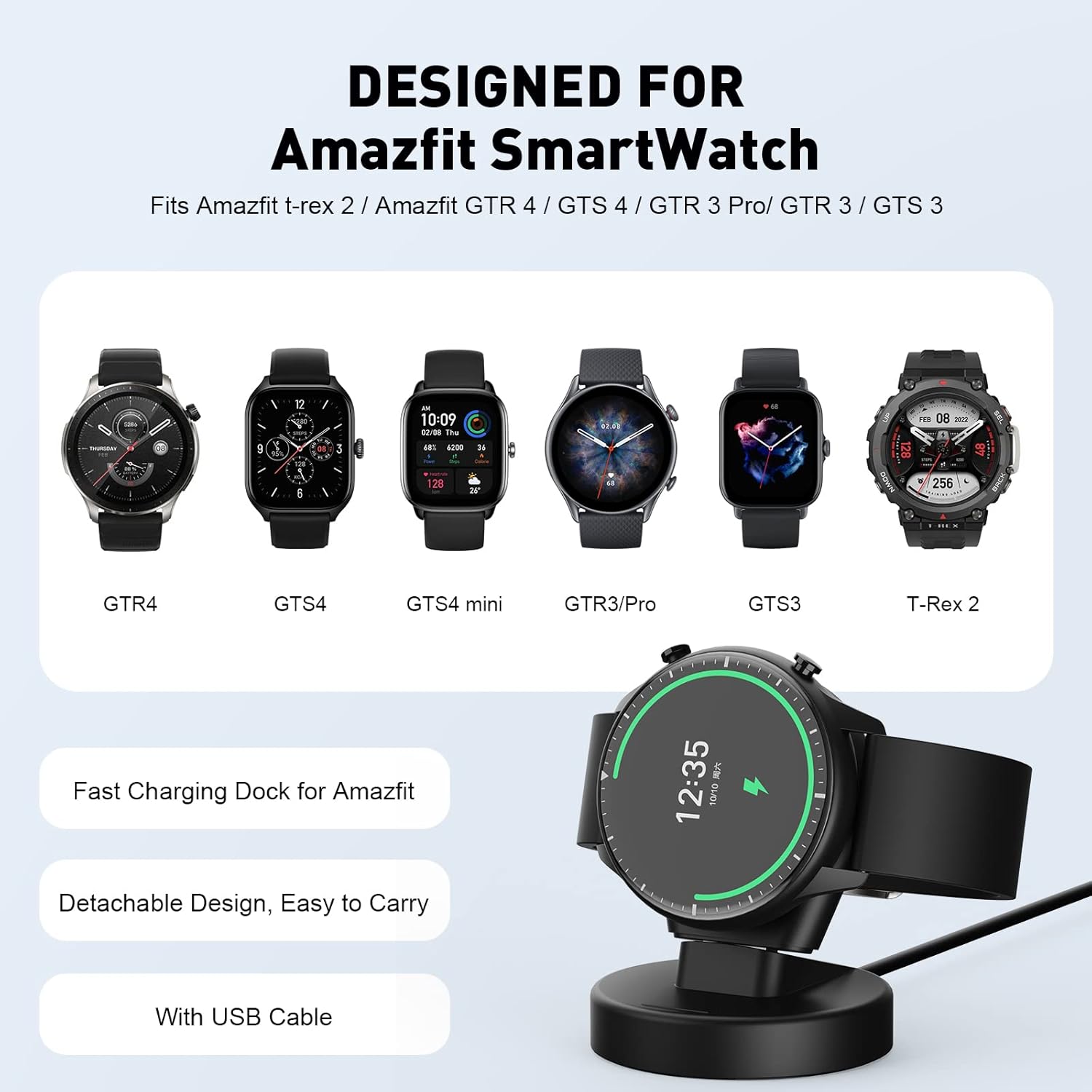 Replacement Charger Dock for Amazfit t-rex 2, Amazfit GTR 4,GTR 4 Pro, GTS 4, GTR 3, GTR 3 Pro, Portable Separable Magnetic Charging Dock with USB Charger Cable for Amazfit SmartWatch : Cell Phones & Accessories
