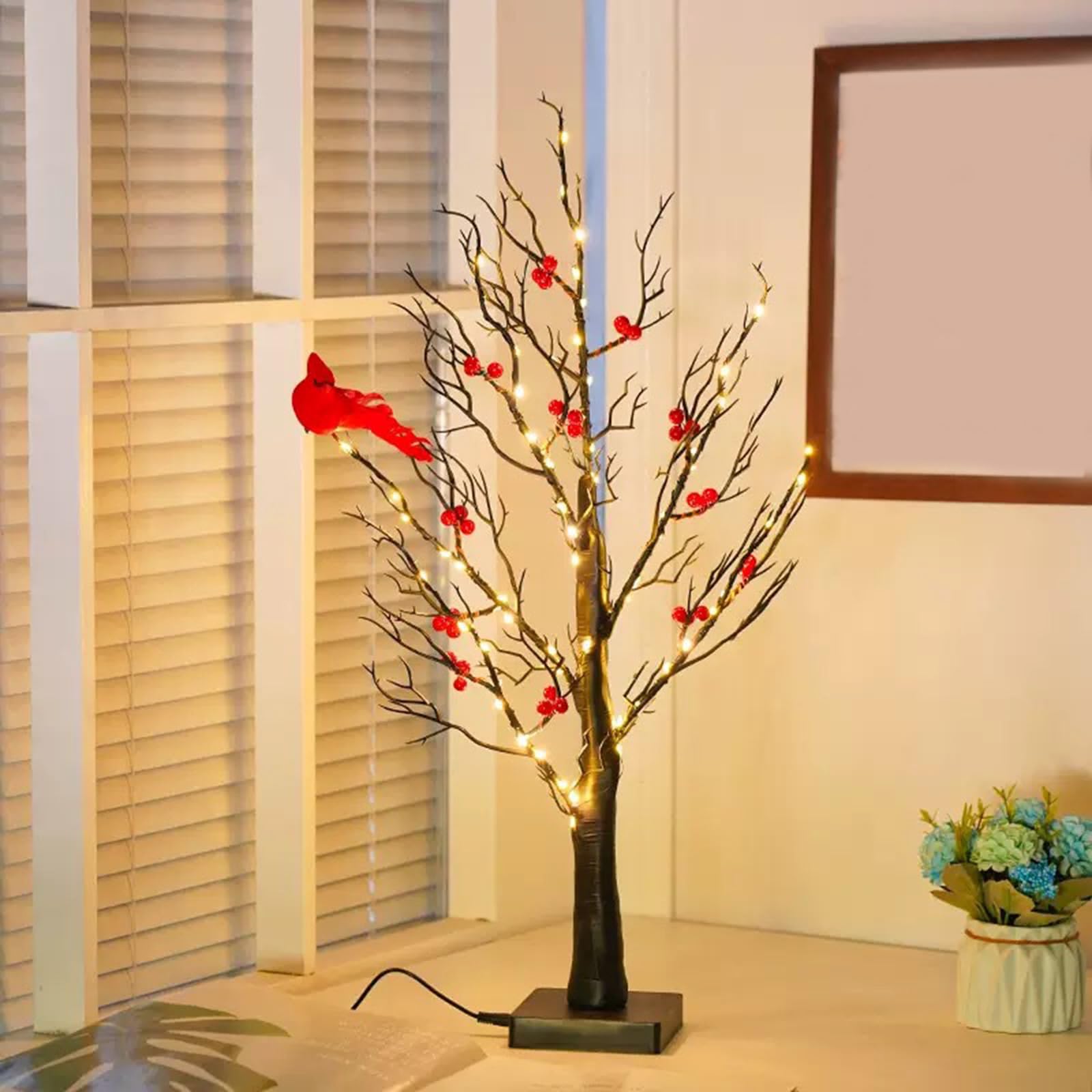 Árbol de Navidad artificial iluminado por LED con bayas rojas y decoración de pájaros, lámpara de mesa alimentada por pilas para fiestas festivas, luz cálida y brillante