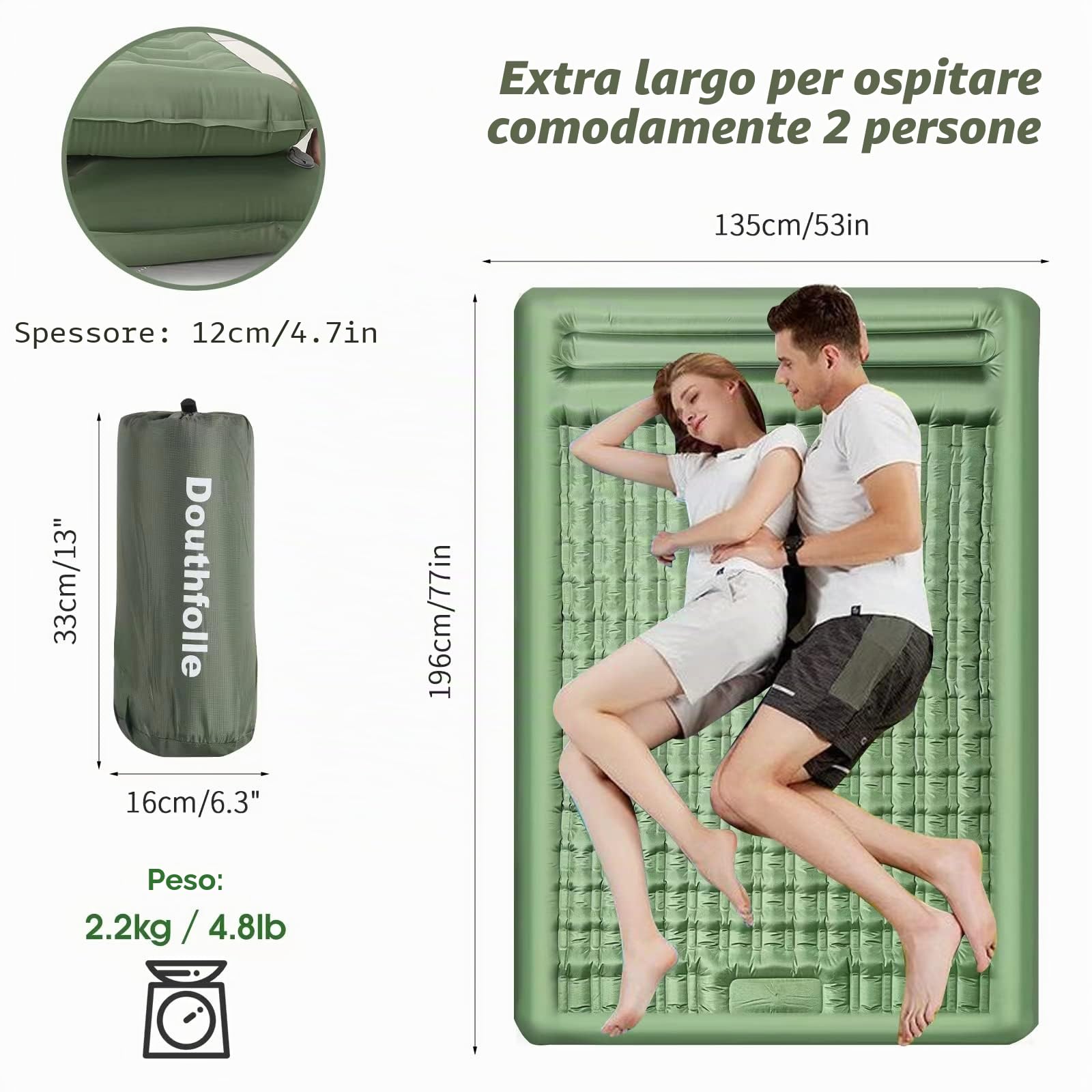 Materassino Campeggio Matrimoniale, 12cm di Spessore Doppio Materassino da Campeggio Gonfiabile per 2 Persone Materassino per Zaino in Spalla, Escursionismo,Tenda,Viaggio