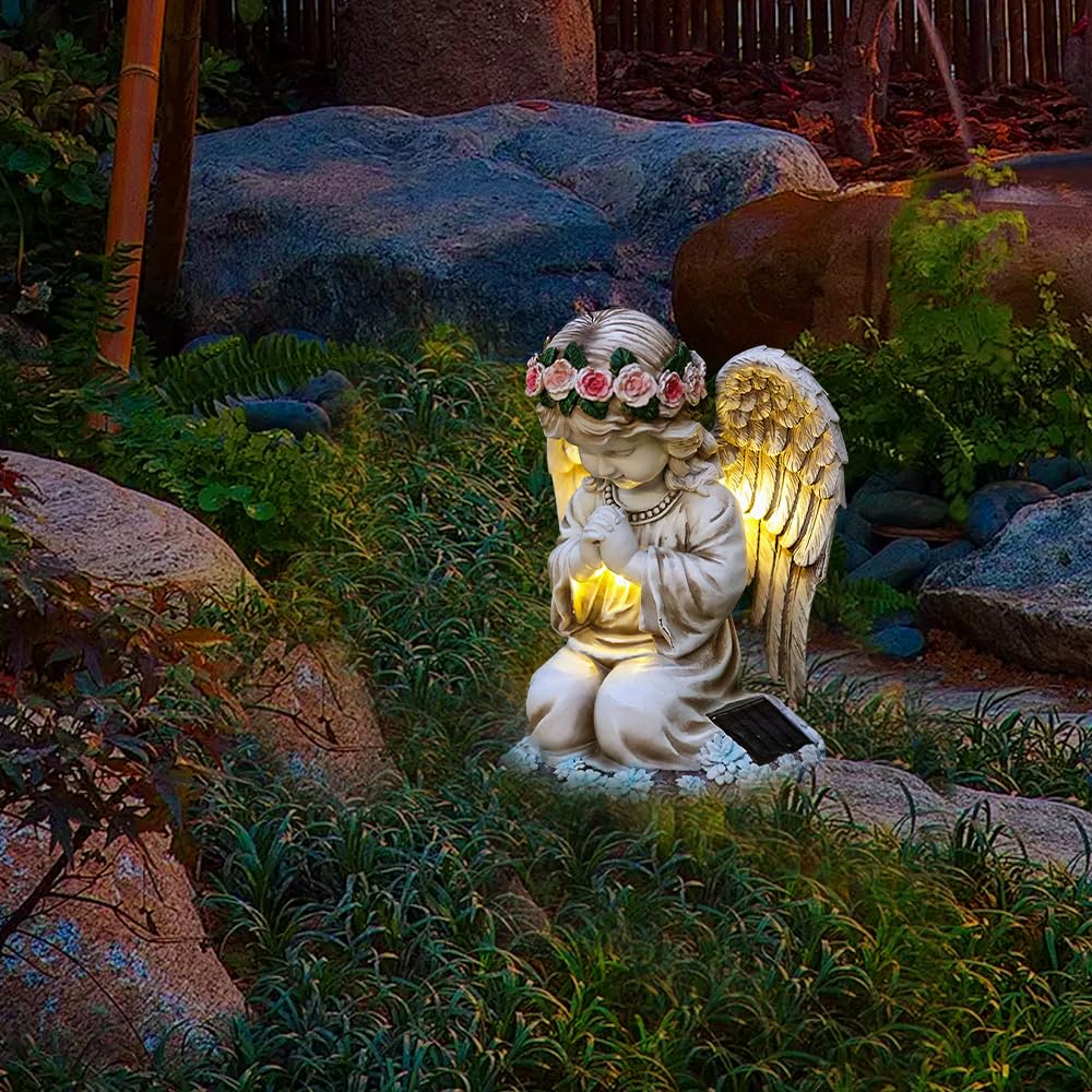 Engel für Grab Wetterfest, Solar Engel Figur, Grabengel Wetterfest mit Led Solarleuchten, wasserdichte Betende Grabengel, Grabschmuck Wetterfest für Friedhof Outdoor Gartendekoration 20,5cm