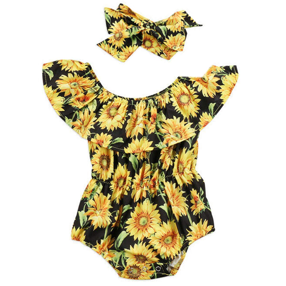 Kayotuas Newborn Baby Girls Sunflower Outfits Ruffle Sleeve Romper Bodysuit Infant Pompom One Piece Jumpsuit with Headband (Sunflower-Off Shoulder, 18-24 Months)