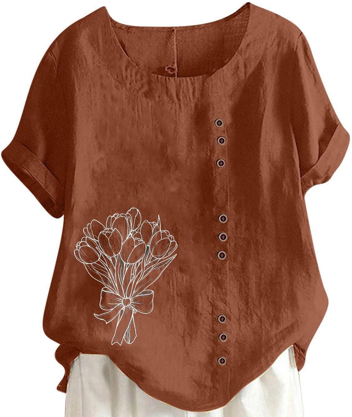 Linen Shirts for Women Short Sleeve Crew Neck Tunic Fashion Printed Summer Tops Casual Boho Blouses Loose Fit Tees
