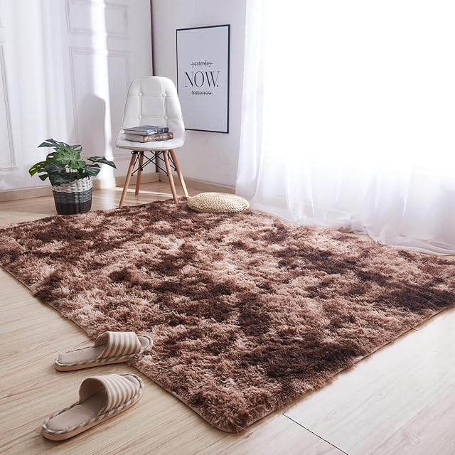 ADMEE Area Rug for Bedroom Living Room, Fluffy Faux Fur Large Rug, Brown Anti-Slip Washable Rug, Modern Tie-Dye Plush Floor Carpet, 160×230 cm(5.2 x 7.5 ft)