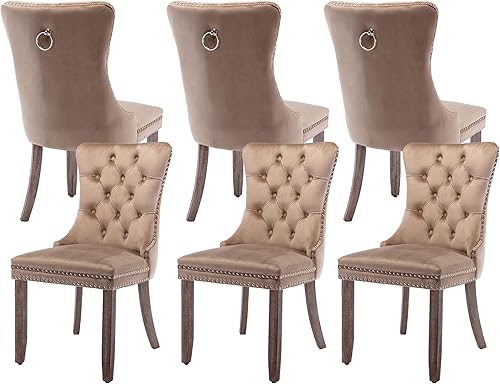 Miniatura 55 de Juego de 4 sillas de comedor de terciopelo, sillas de comedor tapizadas con ribete de cabeza de clavo, patas de madera, anillo de tracción, sillas