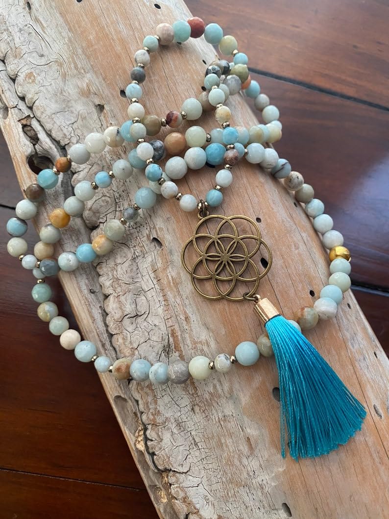 AMAZONITE - Cuentas de piedra Mala, collar de 108 mala, nudo mala, collar WWG, joyería de yoga, cuentas de meditación, joyería espiritual, joyería bohemia, 34inch, Gema