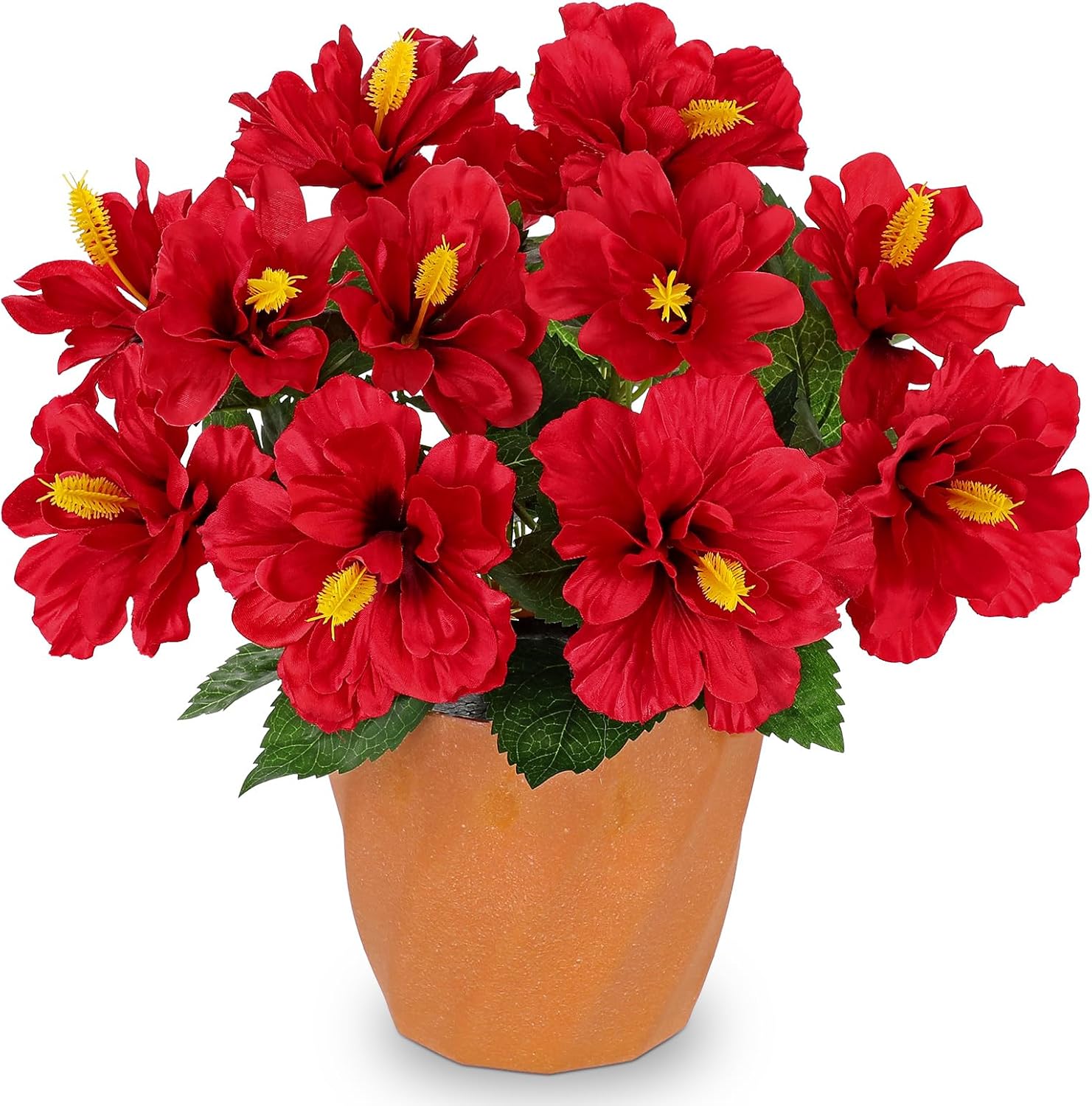 Briful Artificial Hibiscus Flowers in Pot, 14.1" Faux Tropical Flower Plant for Outdoor Porch, Potted Red Hibiscus Tabletop Decor for Living Room, Dining Table, Kitchen, Office, Indoor Home Décor