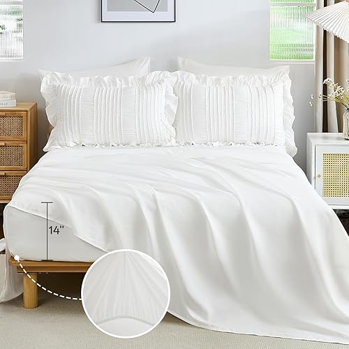 Miniatura 3 de WONGS BEDDING Juego de edredón tamaño Queen, bonito edredón blanco con volantes para cama Queen, 7 piezas de ropa de cama en una bolsa, juego de