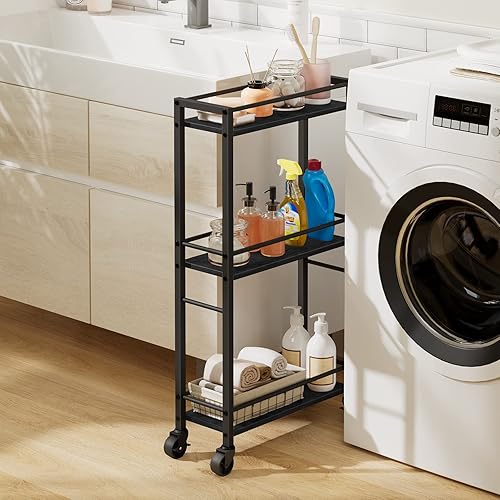 Miniatura 10 de MAHANCRIS Carrito rodante delgado de 3 niveles, carrito de cocina estrecho sobre ruedas, práctico carrito de almacenamiento rodante, estante de