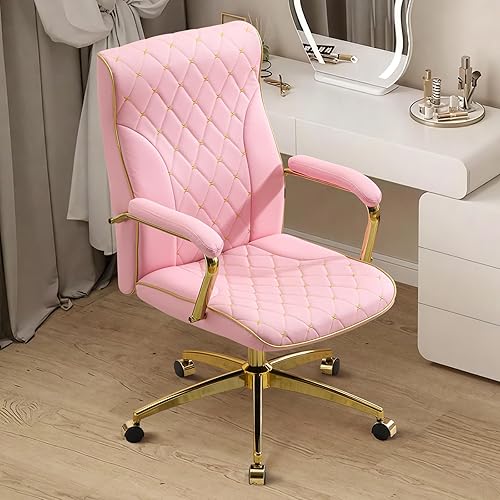 Miniatura 7 de Furniliving Silla de oficina rosa y dorada, sillas de oficina de cuero, silla de tocador ajustable con patas doradas y reposabrazos acolchado,