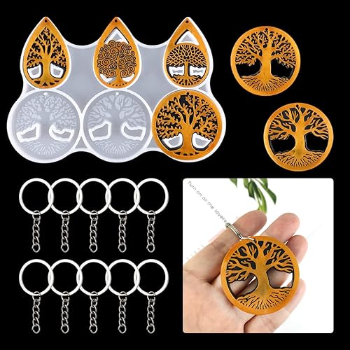 Zayookey Molde de resina para llavero, moldes de silicona para llavero de árbol de la vida, moldes de resina epoxi, molde colgante con agujero con