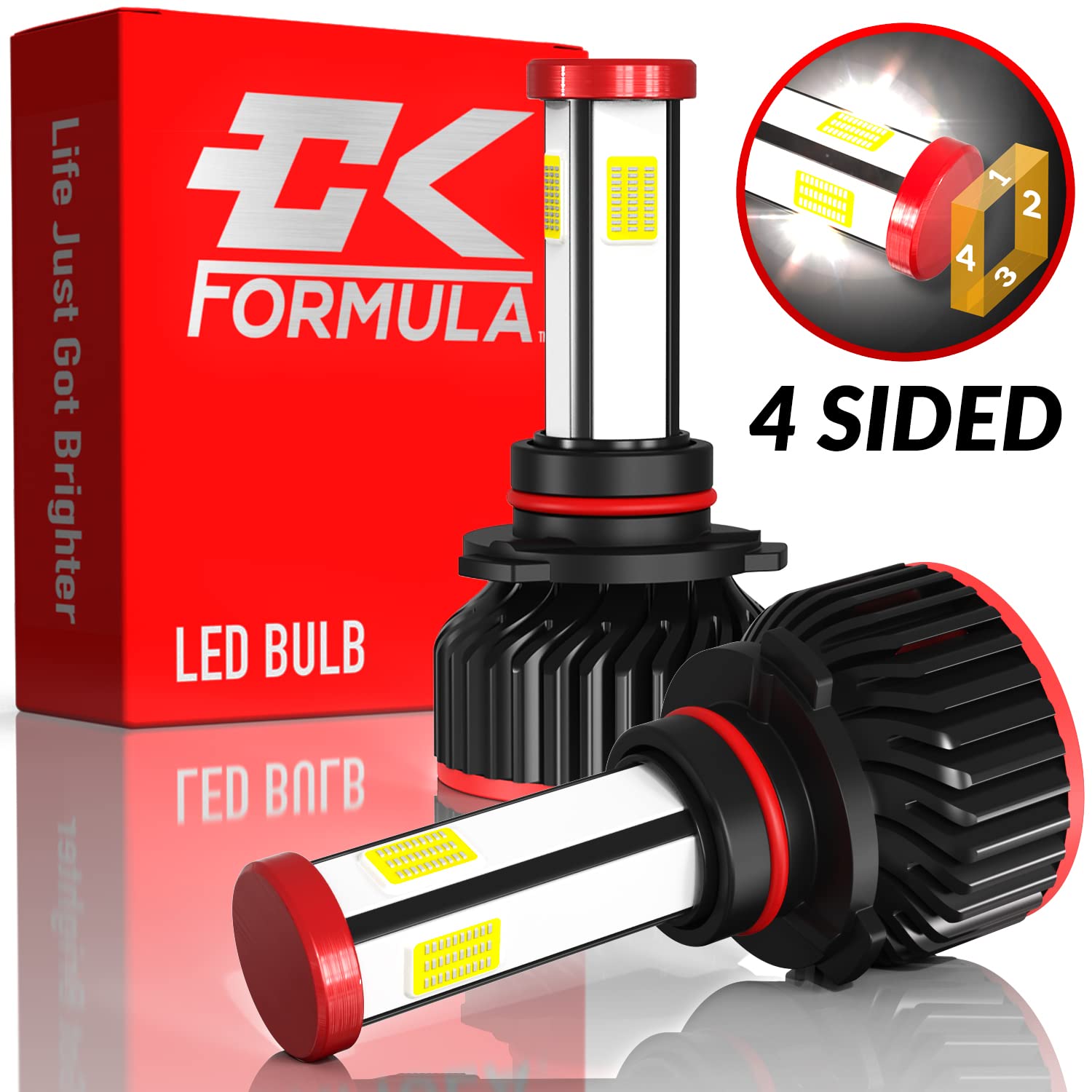 CK FORMULA4 Sided 9006 LED Bulbs, HB4 LED Bulbs, 6000K Super White, 12V 60W 10000 Lumens, Automotive Halogen Replacement Upgrade, Plug and Play, Pack of 2