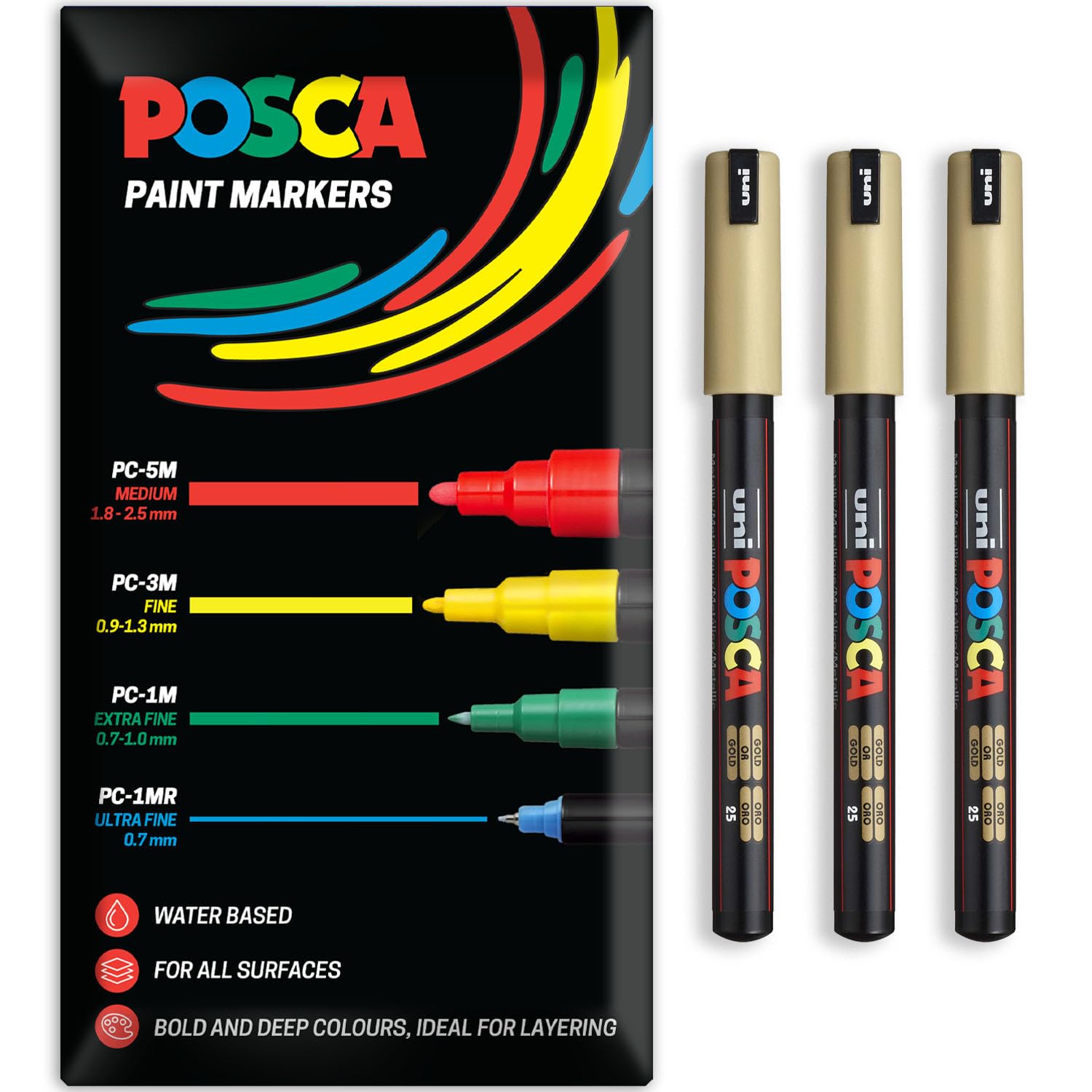 Posca Water Based Acrylic Paint Marker Pens | Multi Surface Use Permanent Paint Pen | Pack of 3 Pens in Envelope Gift Packaging | Glass, Fabric, Canvas, Wood etc | PC-1MR, Gold