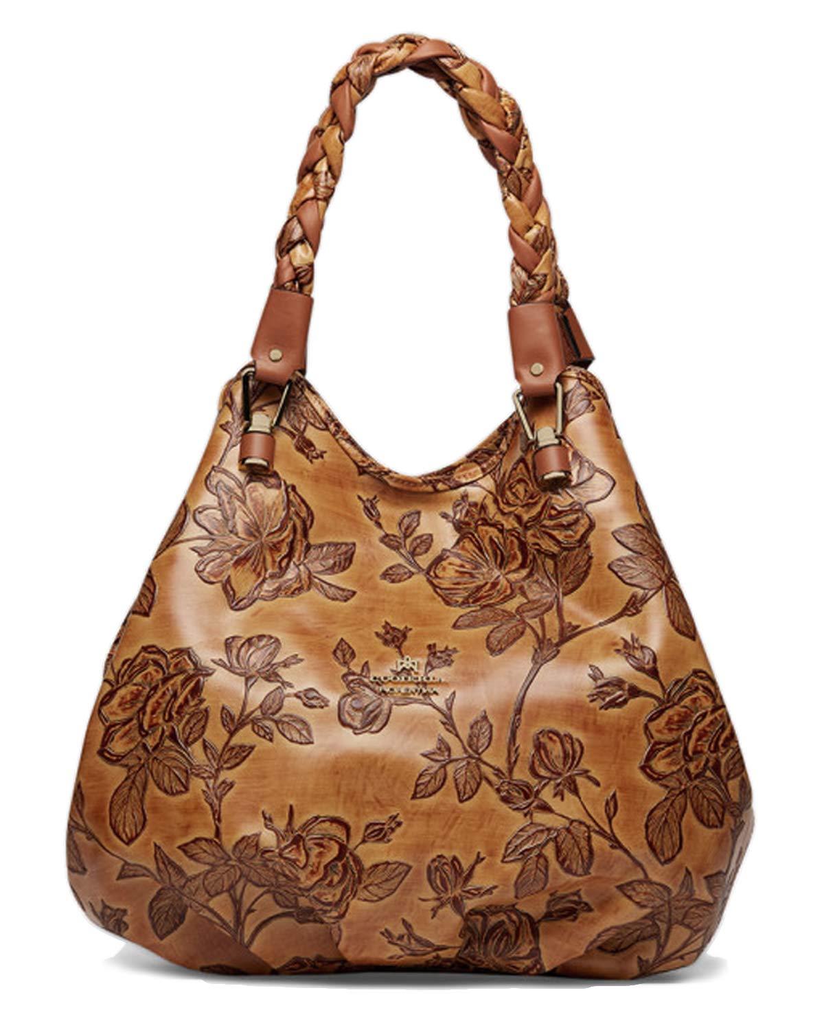 Italian Embossed Tooled Leather Hobo Handbag (Beige)